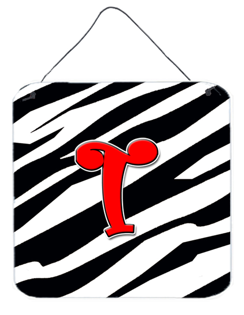 Letter T Initial Monogram - Zebra Red Aluminium Metal Wall Or Door Hanging Prints