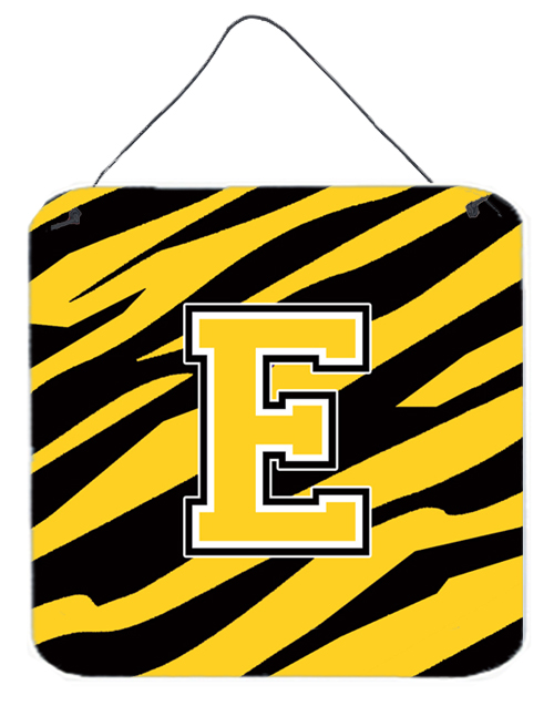 CJ1026-EDS66 Letter E Initial Tiger Stripe - Black Gold Aluminium Metal Wall Or Door Hanging Prints