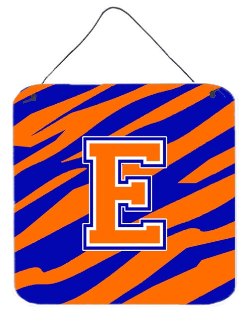 CJ1023-EDS66 Letter E Initial Tiger Stripe - Blue Orange Aluminium Metal Wall Or Door Hanging Prints