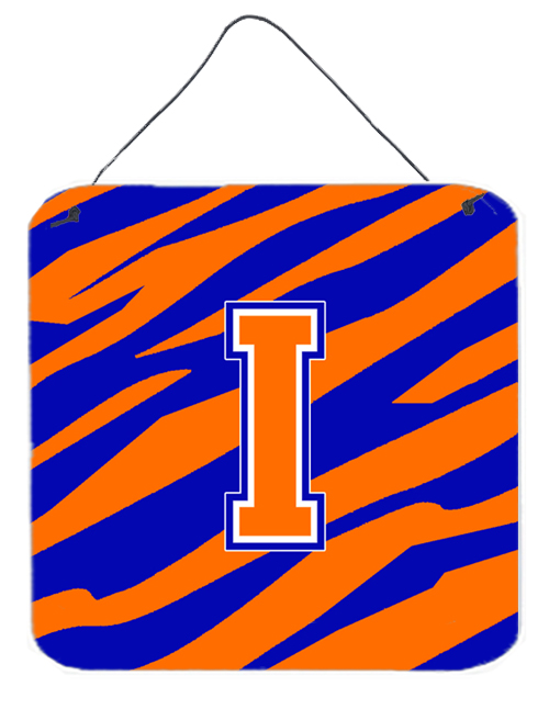 CJ1023-IDS66 Letter I Initial Tiger Stripe - Blue Orange Aluminium Metal Wall Or Door Hanging Prints