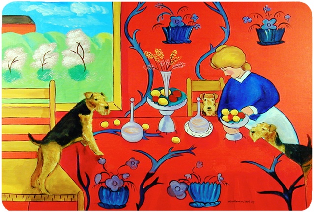 Airedale Terrier With Lady In The Kitchen Mouse Pad, Hot Pad Or Trivet