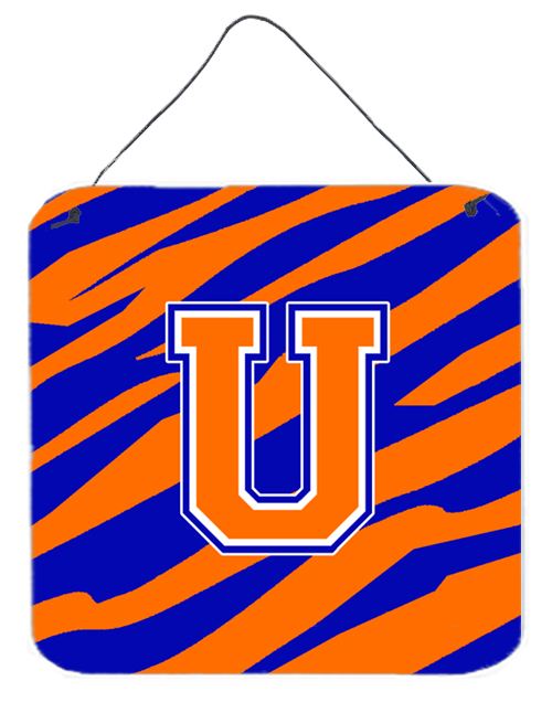 CJ1023-UDS66 Letter U Initial Tiger Stripe - Blue Orange Aluminium Metal Wall Or Door Hanging Prints