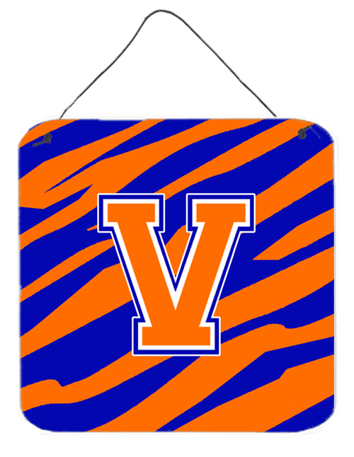 CJ1023-VDS66 Letter V Initial Tiger Stripe - Blue Orange Aluminium Metal Wall Or Door Hanging Prints