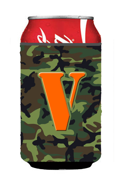 CJ1030-VCC Letter V Initial Monogram - Camo Green Can Or Bottle Hugger