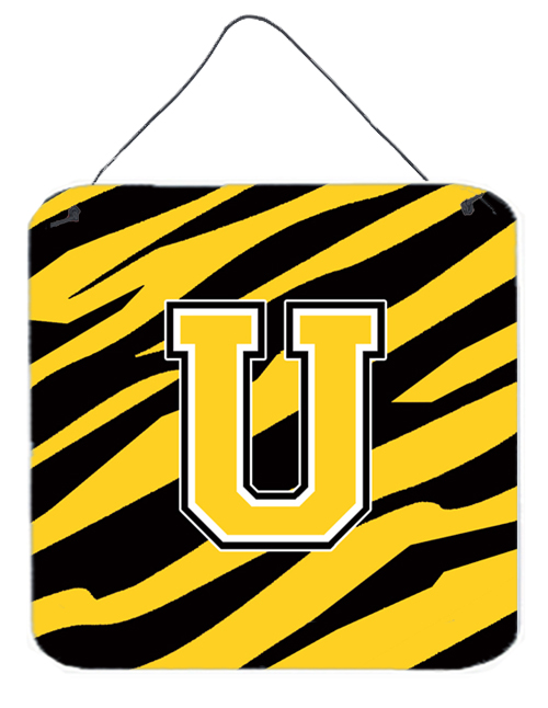 CJ1026-UDS66 Letter U Initial Tiger Stripe - Black Gold Aluminium Metal Wall Or Door Hanging Prints