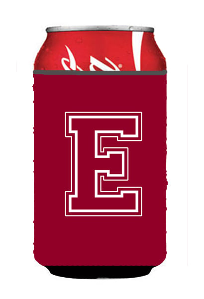 CJ1032-ECC Letter E Initial Monogram - Maroon And White Can Or Bottle  Hugger