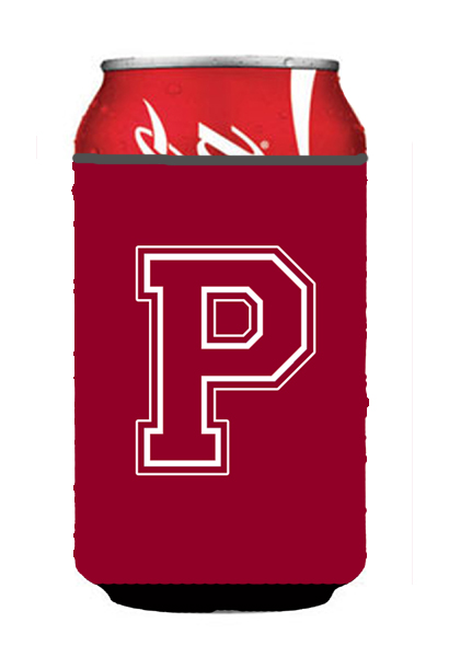 CJ1032-PCC Letter P Initial Monogram - Maroon And White Can Or Bottle  Hugger