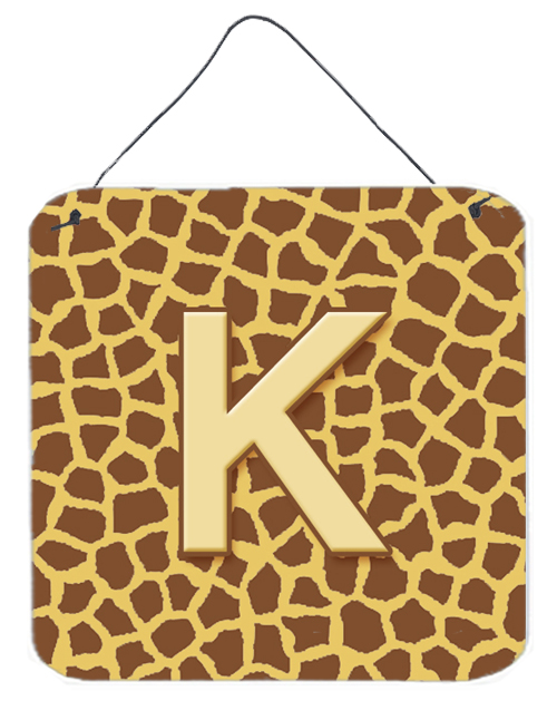 Letter K Initial Monogram - Giraffe Aluminium Metal Wall Or Door Hanging Prints - 6 x 6 In.