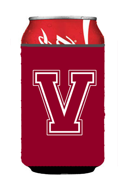 CJ1032-VCC Letter V Initial Monogram - Maroon And White Can Or Bottle  Hugger