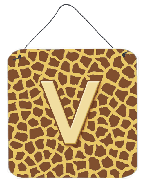 Letter V Initial Monogram - Giraffe Aluminium Metal Wall Or Door Hanging Prints - 6 x 6 In.