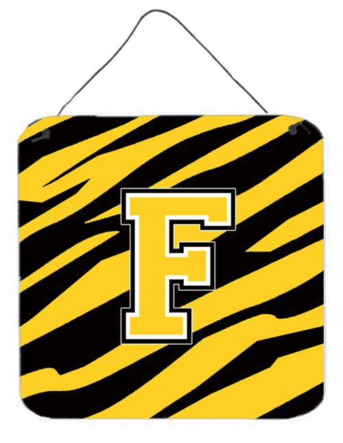 CJ1026-FDS66 Letter F Initial Tiger Stripe - Black Gold Aluminium Metal Wall Or Door Hanging Prints - 6 x 6 In.