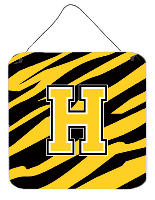 CJ1026-HDS66 Letter H Initial Tiger Stripe - Black Gold Aluminium Metal Wall Or Door Hanging Prints - 6 x 6 In.