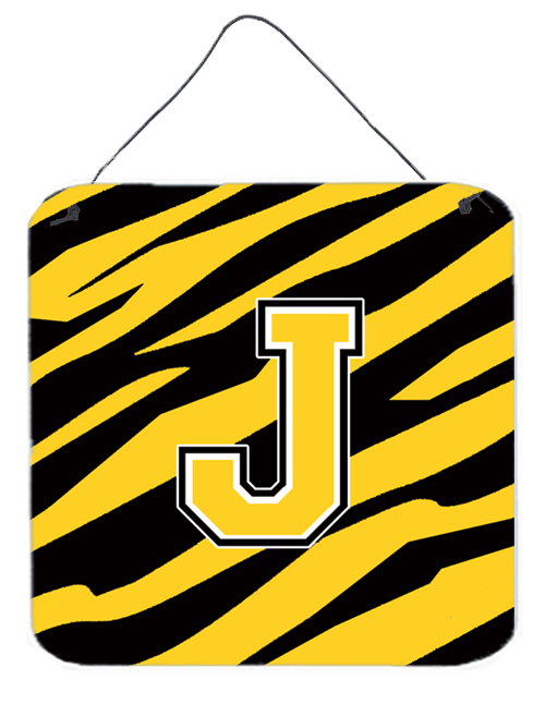 CJ1026-JDS66 Letter J Initial Tiger Stripe - Black Gold Aluminium Metal Wall Or Door Hanging Prints - 6 x 6 In.