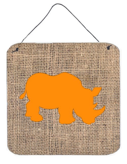 Rhinoceros Burlap And Orange Aluminium Metal Wall Or Door Hanging Prints - 6 x 6 In.