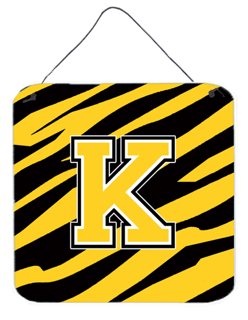 CJ1026-KDS66 Letter K Initial Tiger Stripe - Black Gold Aluminium Metal Wall Or Door Hanging Prints - 6 x 6 In.
