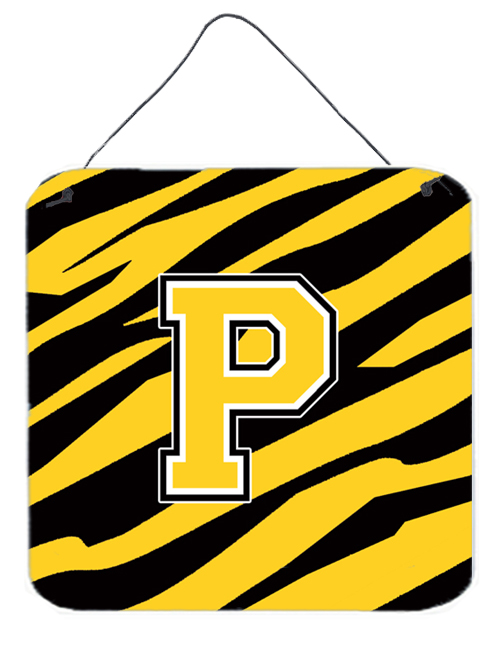 CJ1026-PDS66 Letter P Initial Tiger Stripe - Black Gold Aluminium Metal Wall Or Door Hanging Prints - 6 x 6 In.