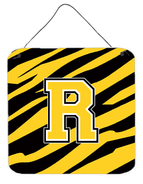 CJ1026-RDS66 Letter R Initial Tiger Stripe - Black Gold Aluminium Metal Wall Or Door Hanging Prints - 6 x 6 In.