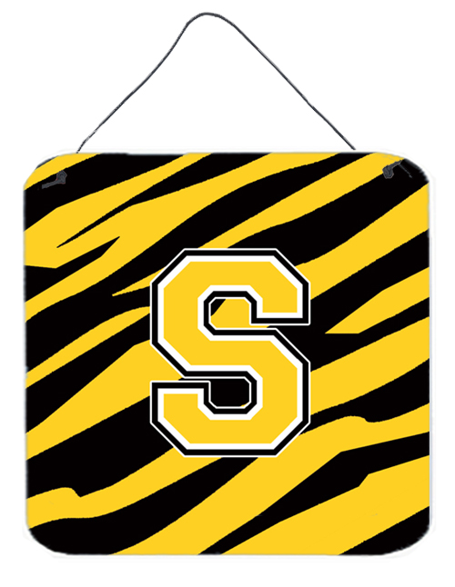 CJ1026-SDS66 Letter S Initial Tiger Stripe - Black Gold Aluminium Metal Wall Or Door Hanging Prints - 6 x 6 In.
