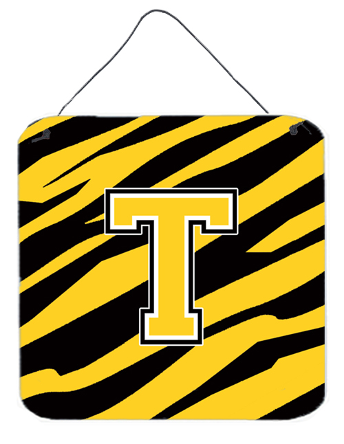 CJ1026-TDS66 Letter T Initial Tiger Stripe - Black Gold Aluminium Metal Wall Or Door Hanging Prints - 6 x 6 In.