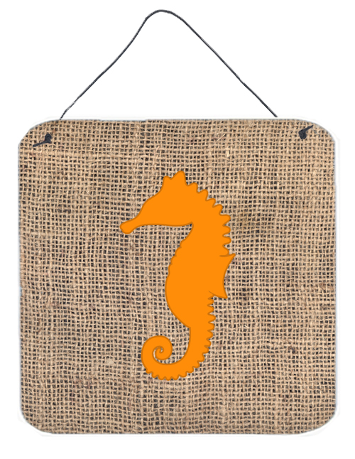 BB1018-BL-OR-DS66 Sea Horse Burlap And Orange Aluminium Metal Wall Or Door Hanging Prints - 6 x 6 In.