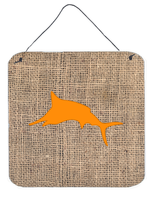 Fish - Marlin Burlap And Orange Aluminium Metal Wall Or Door Hanging Prints - 6 x 6 In.