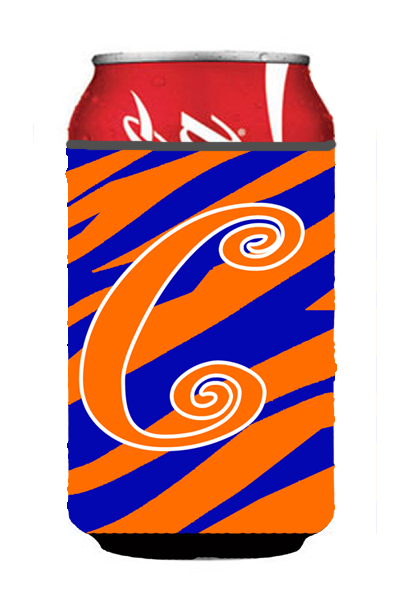 Letter C Initial Monogram - Tiger Stripe Blue And Orange Can Or Bottle Hugger