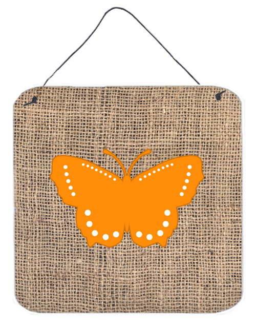 Butterfly Burlap And Orange Aluminium Metal Wall Or Door Hanging Prints - 6 x 6 In.