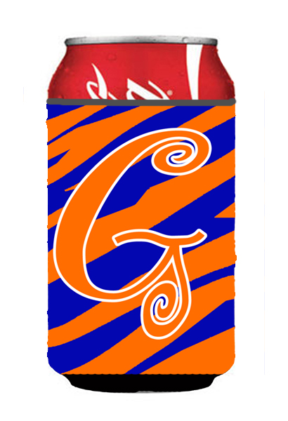 Letter G Initial Monogram - Tiger Stripe Blue And Orange Can Or Bottle  Hugger