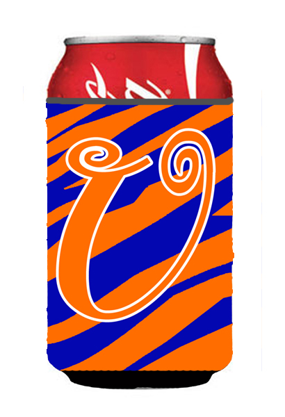 CJ1036-UCC Letter U Initial Monogram - Tiger Stripe Blue And Orange Can Or Bottle Hugger