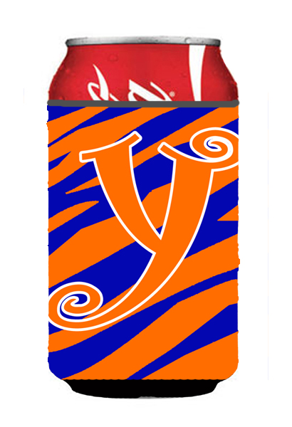 Letter Y Initial Monogram - Tiger Stripe Blue And Orange Can Or Bottle Hugger