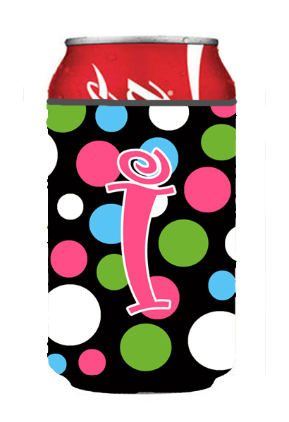 CJ1038-ICC Letter I Initial Monogram - Polkadots And Pink Can Or Bottle  Hugger