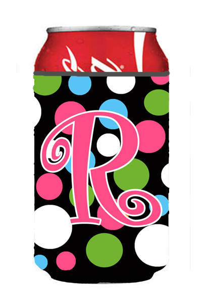 CJ1038-RCC Letter R Initial Monogram - Polkadots And Pink Can Or Bottle  Hugger