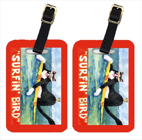 Picture of Carolines Treasures 6051BT Black And White Cat Surfin Bird Luggage Tag - Pair 2- 4 x 2.75 In.