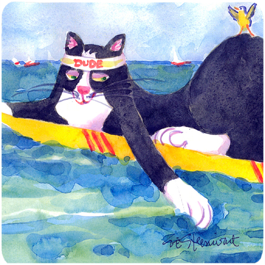 Picture of Carolines Treasures 6051FC Black And White Cat Surfin Bird Foam Coasters - Set Of 4- 3.5 x 3.5 In.