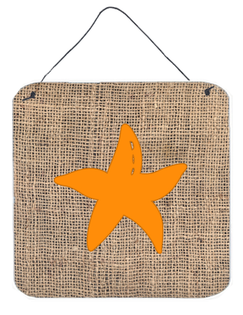 BB1100-BL-OR-DS66 Starfish Burlap And Orange Aluminium Metal Wall Or Door Hanging Prints - 6 x 6 In.