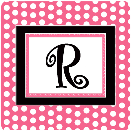 CJ1001-RFC Monogram - Pink Black Polka Dots Foam Coasters- Initial Letter R - Set Of 4- 3.5 x 3.5 In.