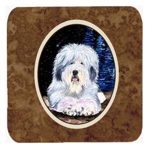 SS8443FC Starry Night Old English Sheepdog Foam Coasters - Set Of 4- 3.5 x 3.5 In.