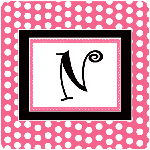 CJ1001-NFC Monogram - Pink Black Polka Dots Foam Coasters Initial Letter N- Set Of 4