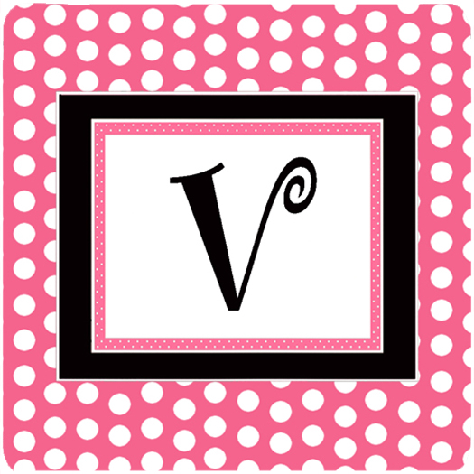 CJ1001-VFC Monogram - Pink Black Polka Dots Foam Coasters Initial Letter V- Set Of 4