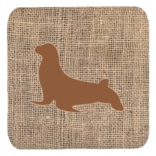 Seal Burlap And Brown Foam Coasters- Set Of 4