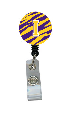 CJ1022-I-BR Tiger Stripe - Purple Gold Initial I Monogram Initial Retractable Badge Reel Or Id Holder With Clip