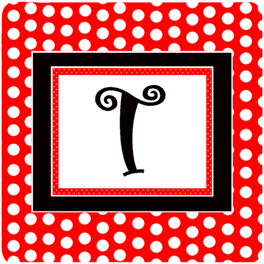 Monogram - Red Black Polka Dots Foam Coasters Initial Letter T, Set - 4