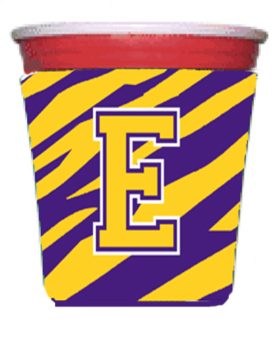 CJ1022-E-RSC Tiger Stripe - Purple Gold Letter E Monogram Initial Red Solo Cup Hugger