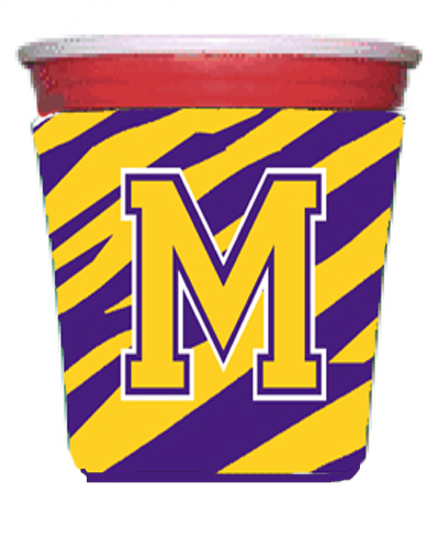 CJ1022-M-RSC Tiger Stripe - Purple Gold Letter M Monogram Initial Red Solo Cup  Hugger