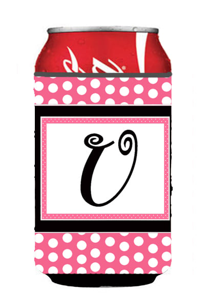 Letter U Initial Monogram - Pink Black Polka Dots Can or Bottle  Hugger