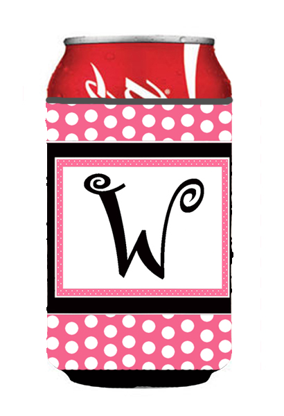 Letter W Initial Monogram - Pink Black Polka Dots Can or Bottle  Hugger