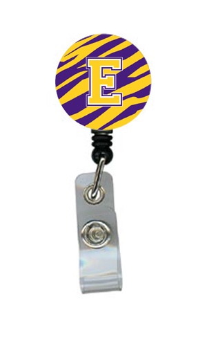 CJ1022-E-BR Tiger Stripe - Purple Gold Initial E Monogram Initial Retractable Badge Reel or ID Holder with Clip