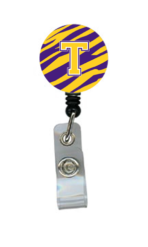 CJ1022-T-BR Tiger Stripe - Purple Gold Initial T Monogram Initial Retractable Badge Reel or ID Holder with Clip