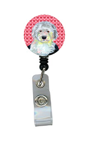 Old English Sheepdog Valentines Love and Hearts Retractable Badge Reel or ID Holder with Clip