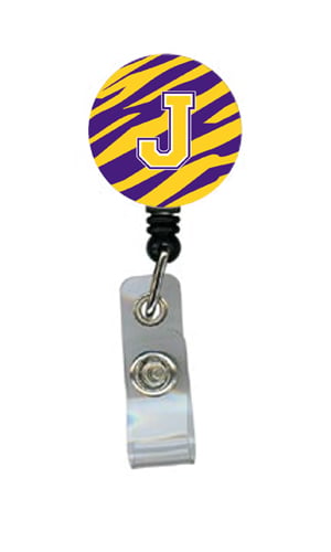 CJ1022-J-BR Tiger Stripe - Purple Gold Initial J Monogram Initial Retractable Badge Reel or ID Holder with Clip